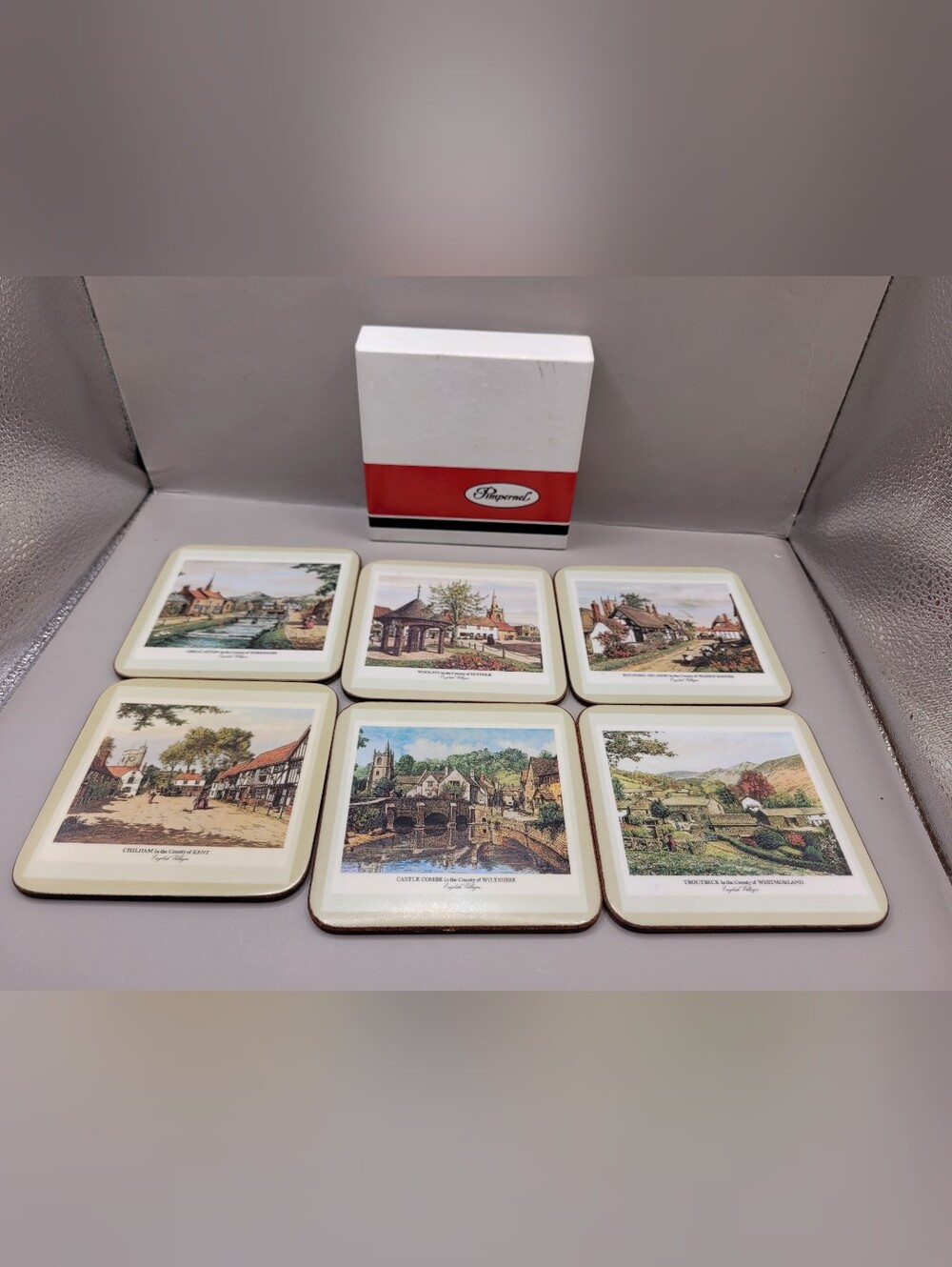 Vintage Pimpernel English Villages Drink Coasters Set 6 Cork Back Boxed England